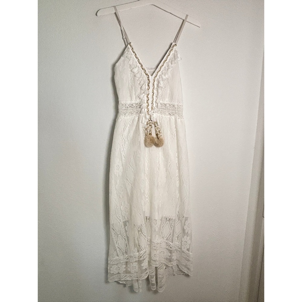 White Floral Lace Tassel Boho Maxi Dress High Low Smocked Back Small